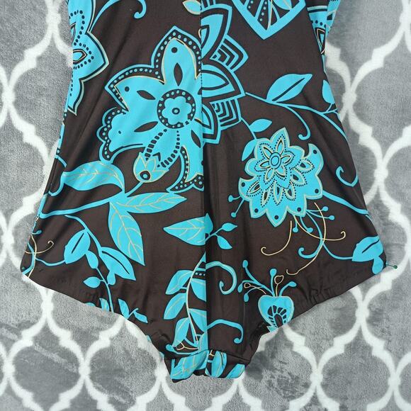 Maxine Swimsuit Womens 14 Brown Blue Floral One Piece Tummy Control Ruched Lined - Picture 7 of 8